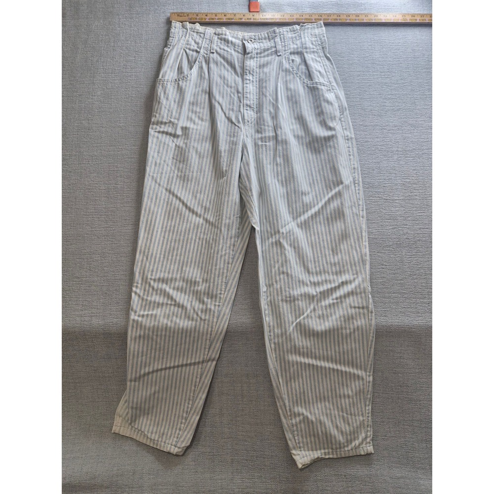 Women Pants 16 Med White Blue Striped Cotton Pleated Front Casual Tapered Leg